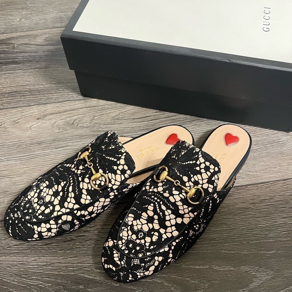 Gucci Princetown Black/Nude Leather and Lace Horsebit Flat Loafer Mules - 37 - Picture 7 of 8